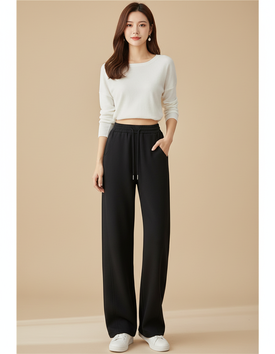 Pantalon Japonais Noir Fluide Ample Décontracté Confortable - Polyester