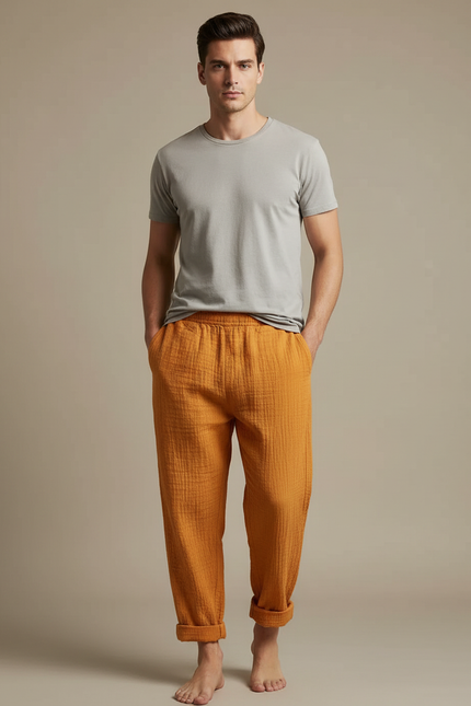 Pantalon Japonais Ocre Ample Coton Confortable Homme - Orange