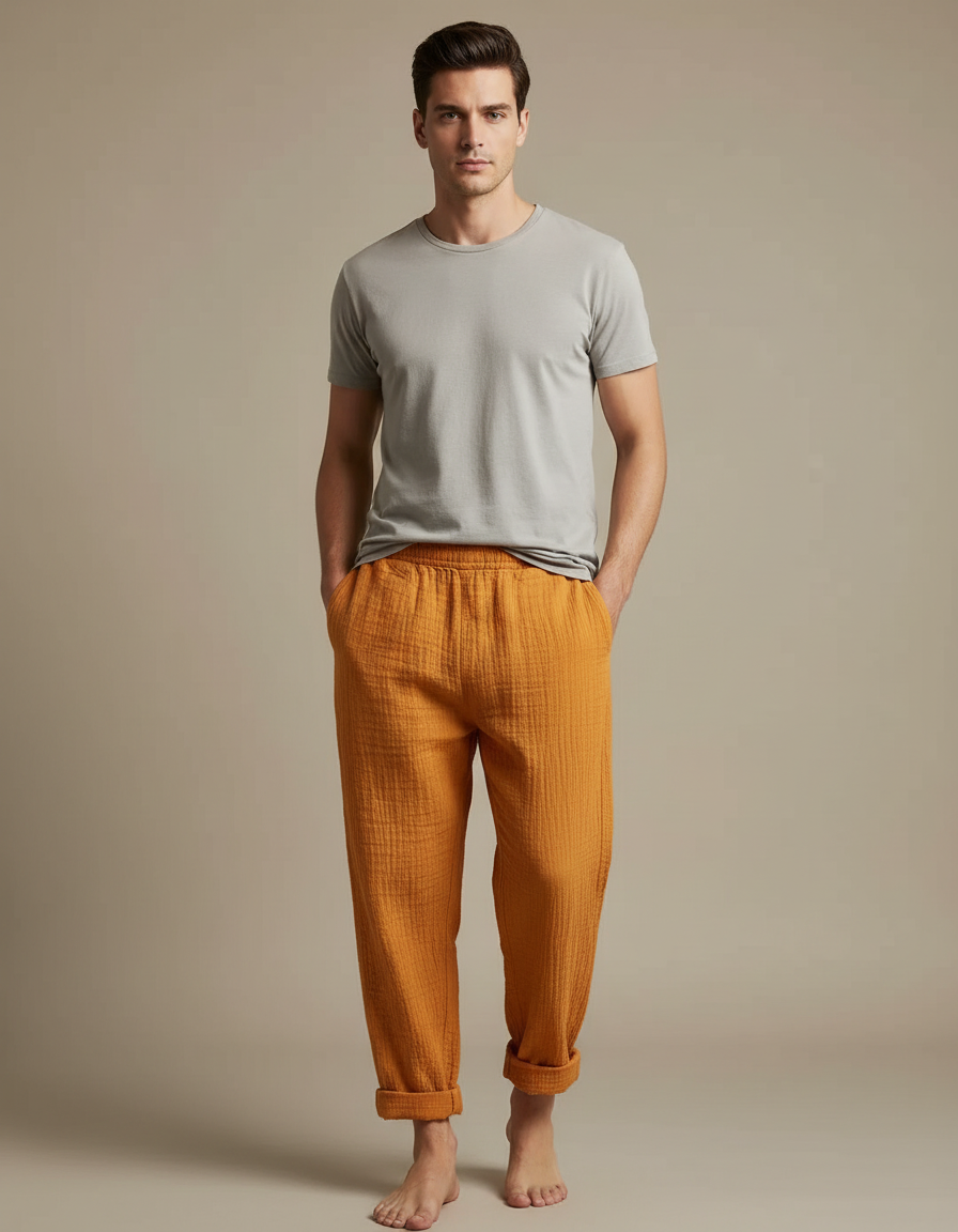 Pantalon Japonais Ocre Ample Coton Confortable Homme - Orange