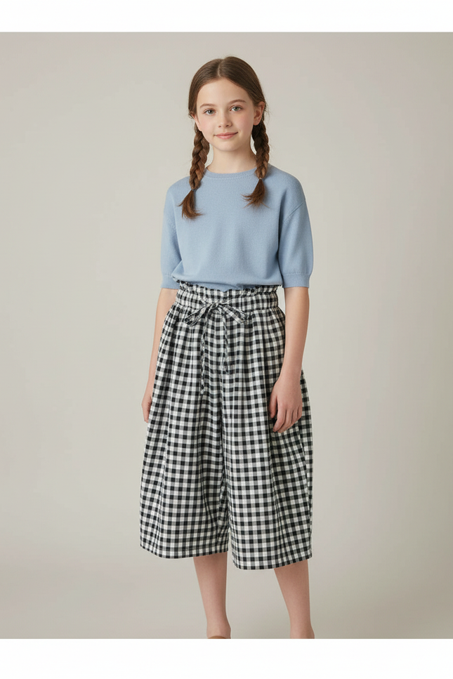Pantalon Japonais Carreaux Ample Fluide Taille Haute Fille - Imprimé Coton