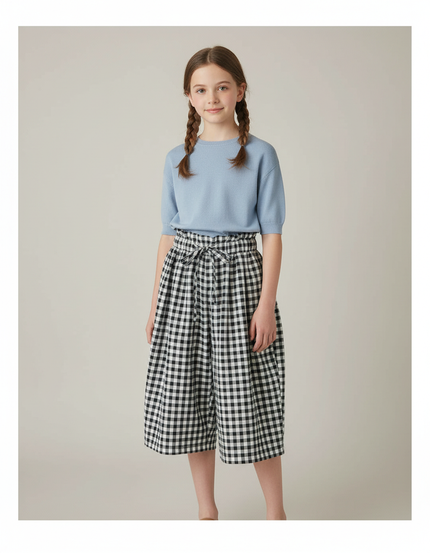 Pantalon Japonais Carreaux Ample Fluide Taille Haute Fille - Imprimé Coton