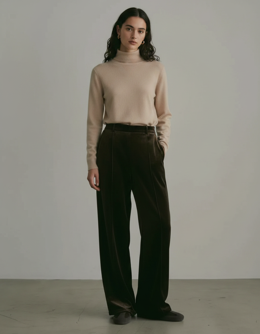 Pantalon Japonais Velours Marron Ample Droit Élégant