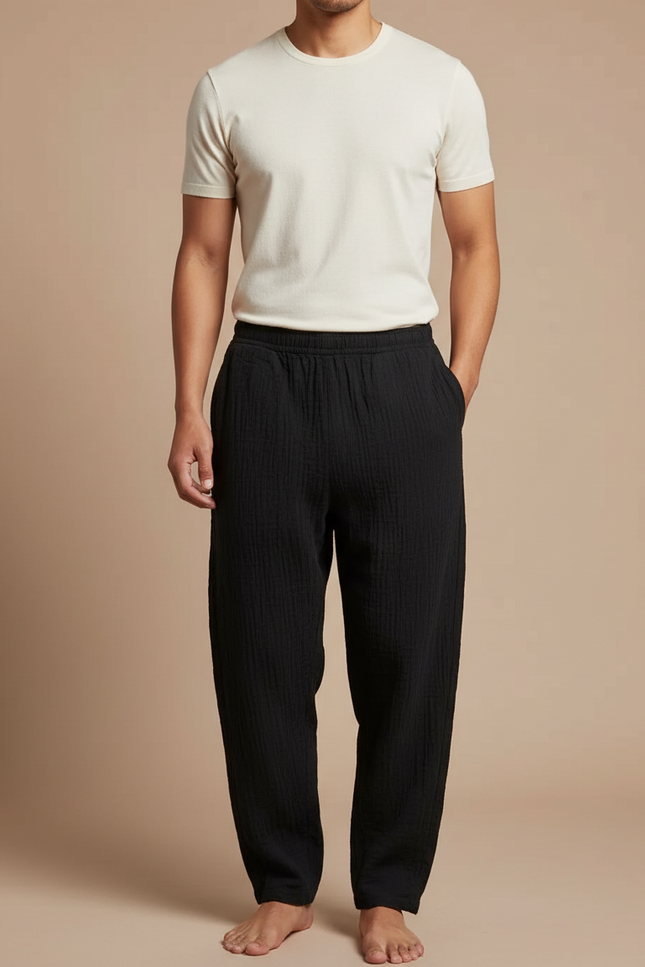 Pantalon Japonais Noir Texturé Ample Coton Confortable