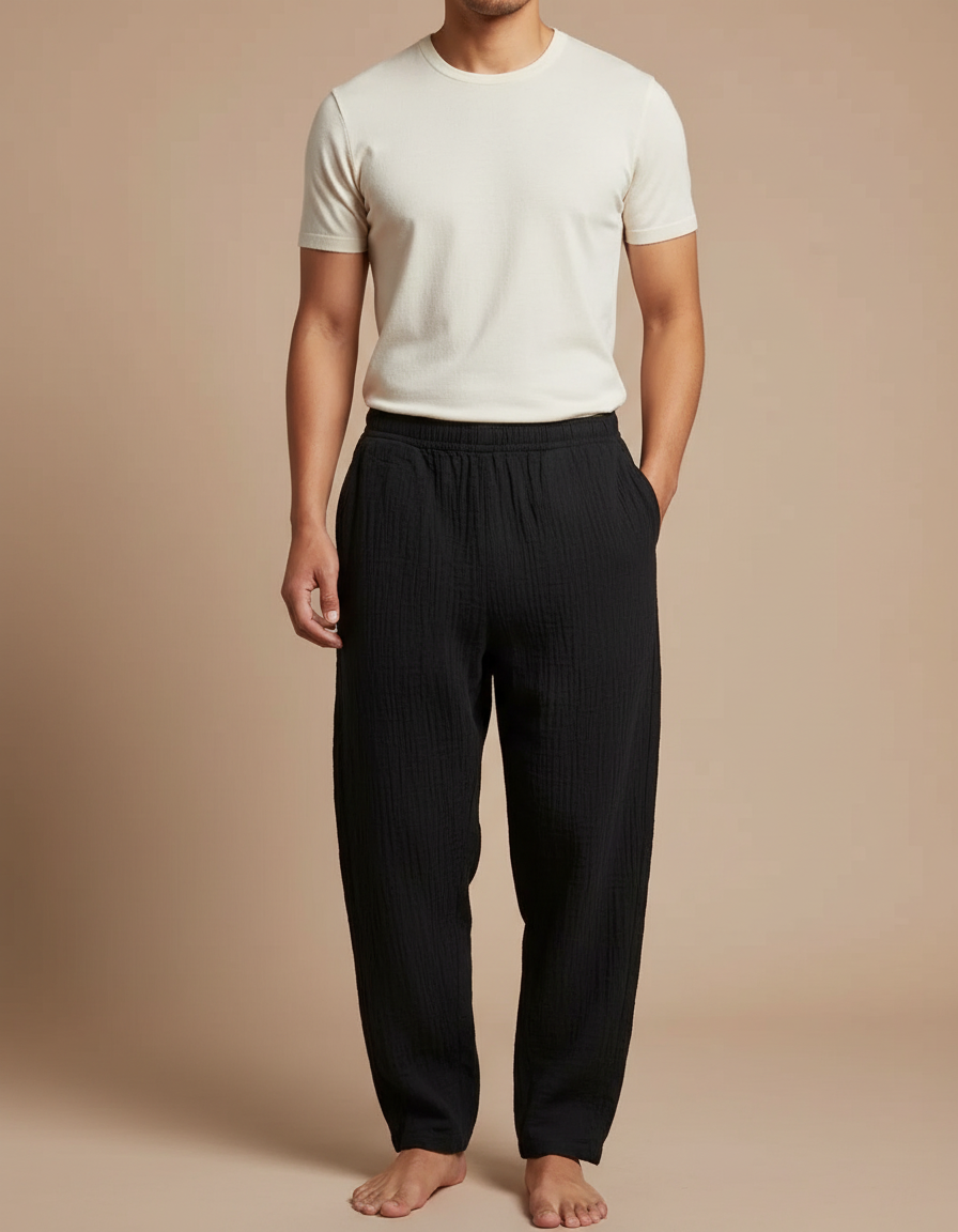 Pantalon Japonais Noir Texturé Ample Coton Confortable
