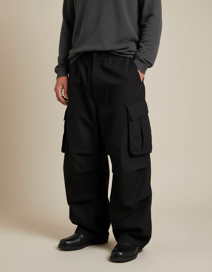 Pantalon Japonais Noir Cargo Ample Décontracté Homme - Gabardine