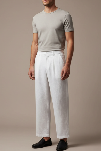 Pantalon Japonais Blanc Ample Lin Plissé Homme