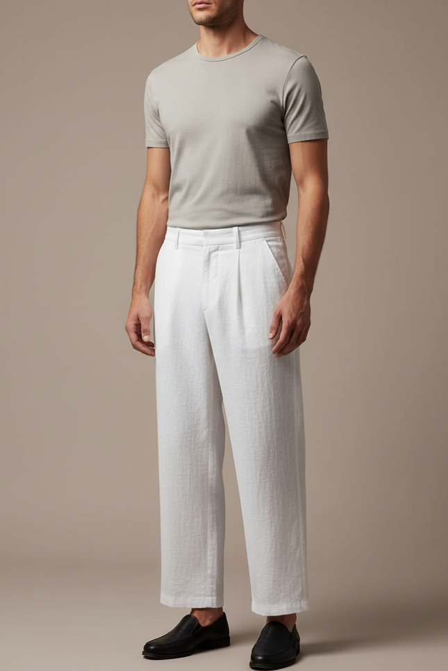 Pantalon Japonais Blanc Ample Lin Plissé Homme