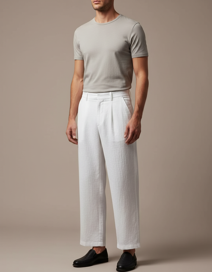 Pantalon Japonais Blanc Ample Lin Plissé Homme
