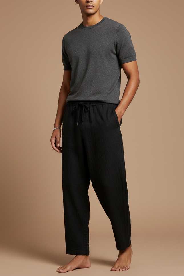 Pantalon Japonais Noir Ample Coton Lin Casual