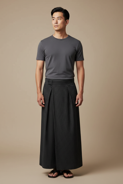 Pantalon Japonais Noir Rayé Plissé Ample Homme - Laine