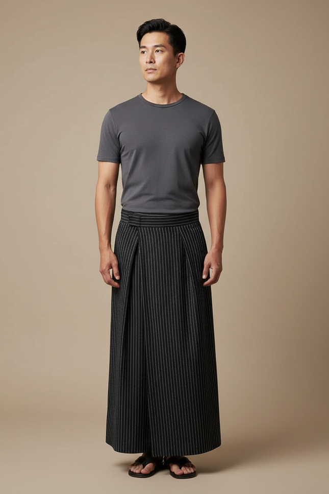 Pantalon Japonais Noir Rayé Plissé Ample Homme - Laine