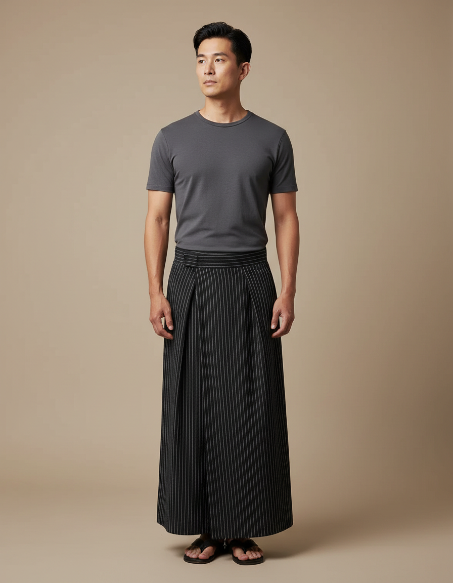 Pantalon Japonais Noir Rayé Plissé Ample Homme - Laine