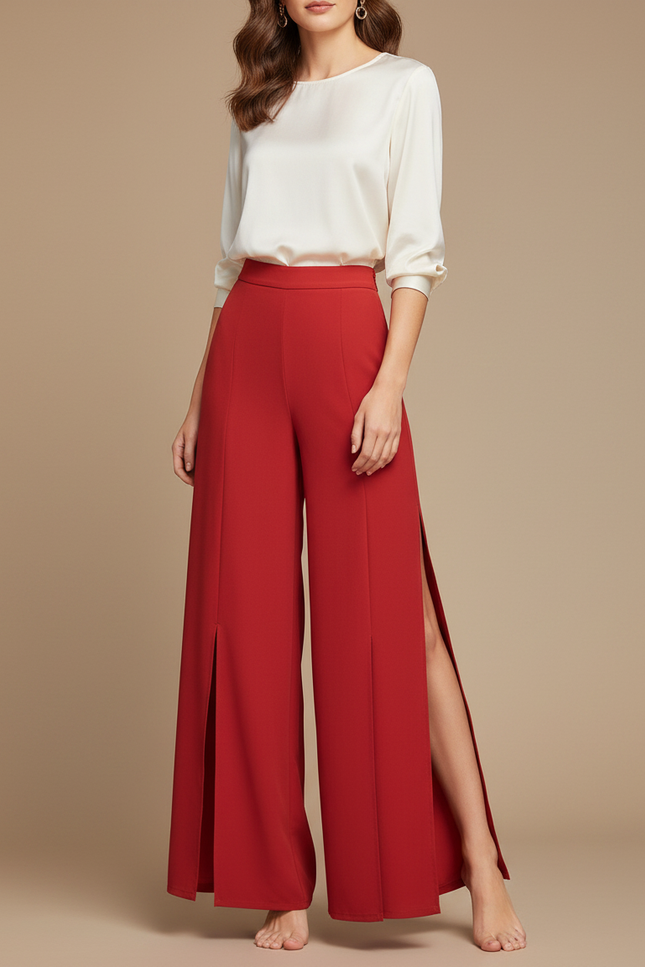 Pantalon Japonais Rouge Fluide Fendu Élégant - Polyester