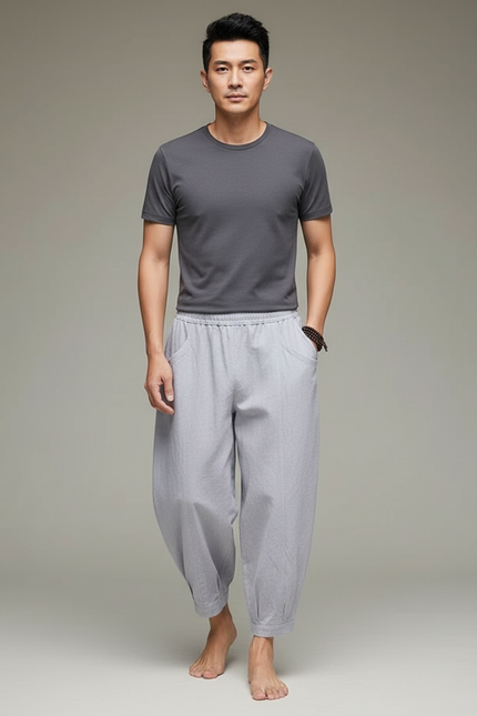 Pantalon Japonais Harem Coton Lin Ample Gris Décontracté