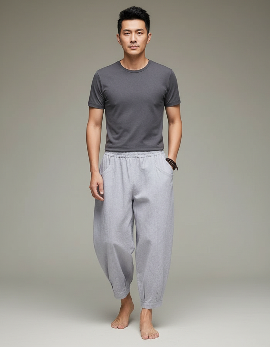 Pantalon Japonais Harem Coton Lin Ample Gris Décontracté