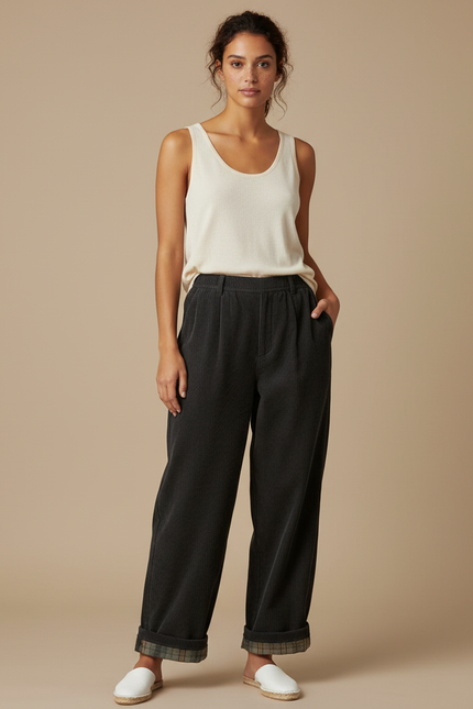 Pantalon Japonais Velours Côtelé Ample Décontracté Carreaux - Gris Cordé