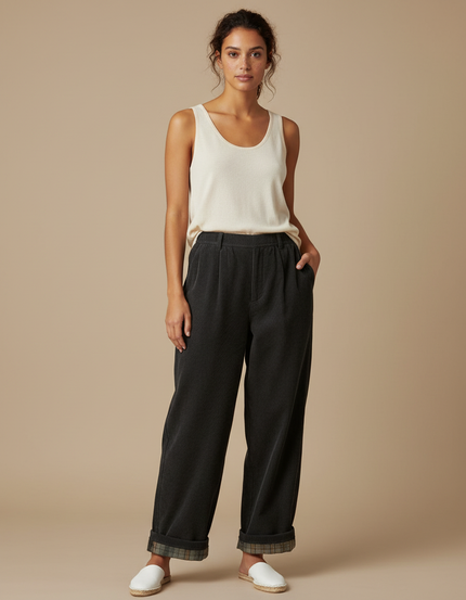 Pantalon Japonais Velours Côtelé Ample Décontracté Carreaux - Gris Cordé