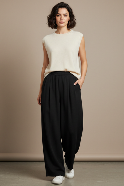 Pantalon Japonais Noir Fluide Ample Femme - Polyester