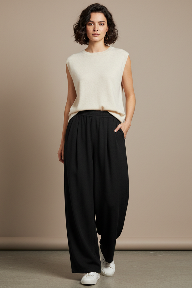 Pantalon Japonais Noir Fluide Ample Femme - Polyester