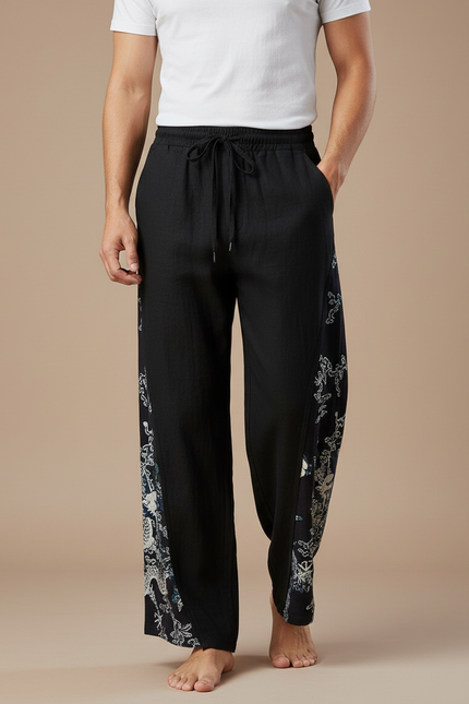 Pantalon Japonais Noir Dragon Ample Coton Lin Homme