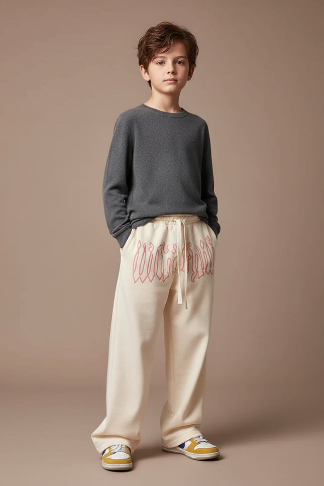 Pantalon Japonais Crème Ample Molleton Imprimé Garçon - Beige