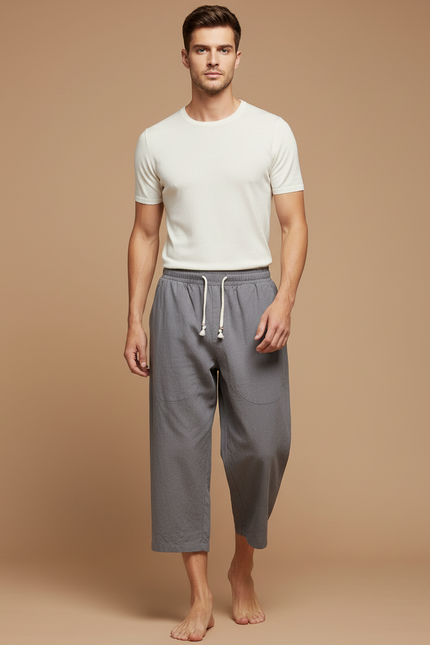 Pantalon Japonais Gris Lin Ample Court Cordon Homme