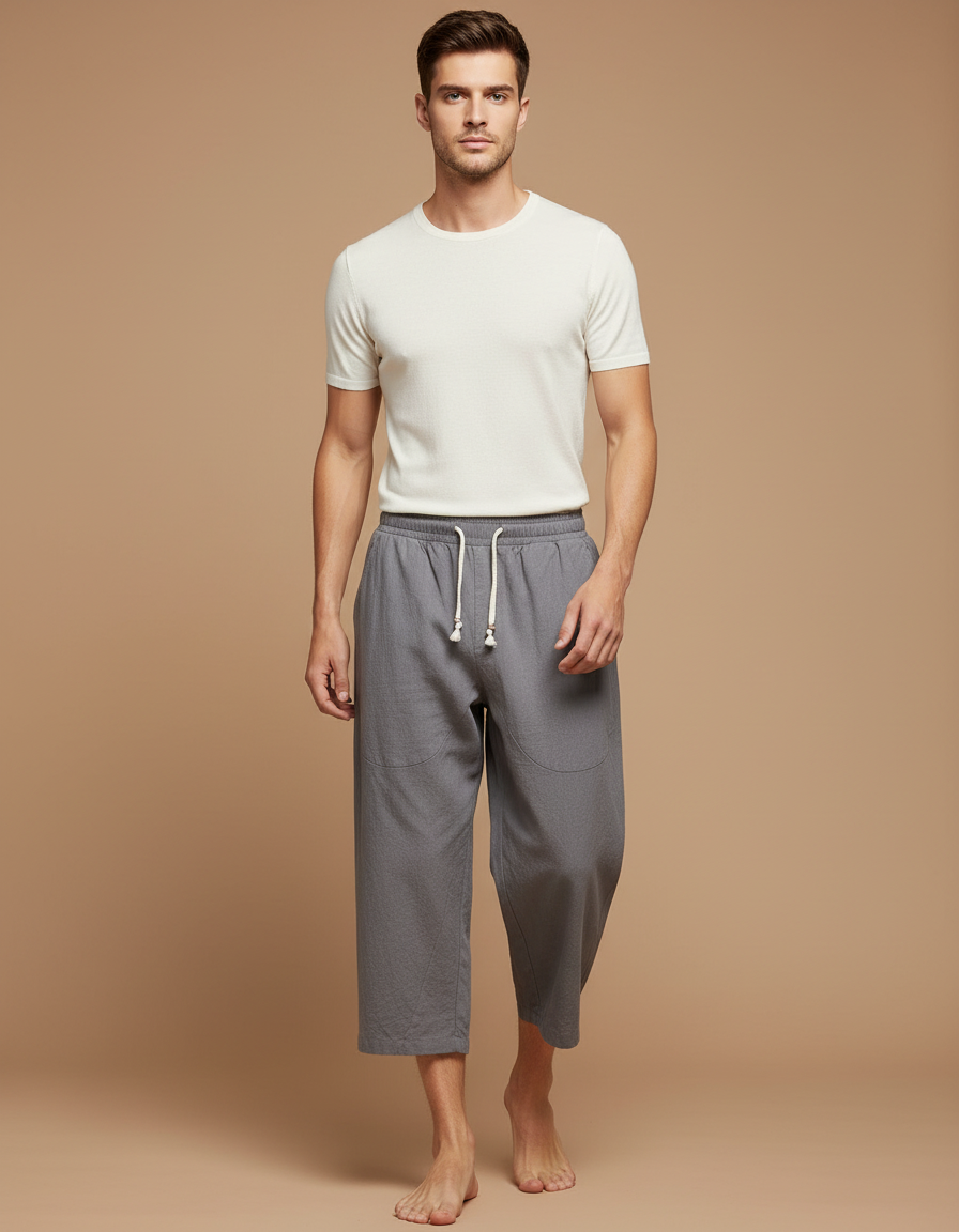 Pantalon Japonais Gris Lin Ample Court Cordon Homme
