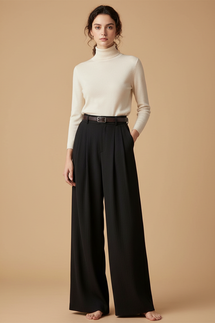 Pantalon Japonais Noir Ample Plissé Élégant Femme - Viscose