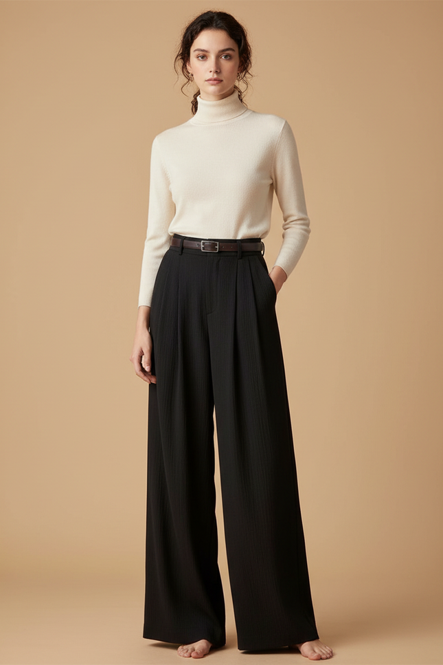 Pantalon Japonais Noir Ample Plissé Élégant Femme - Viscose