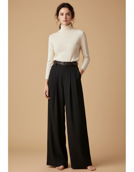 Pantalon Japonais Noir Ample Plissé Élégant Femme - Viscose