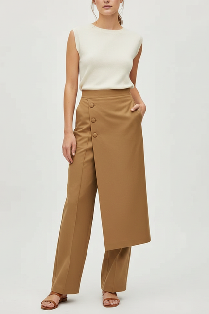 Pantalon Japonais Khaki Fluide Asymétrique Chic Élégant - Kaki Gabardine