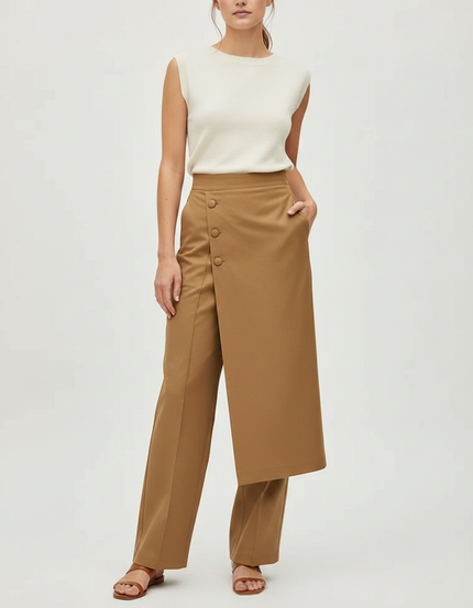 Pantalon Japonais Khaki Fluide Asymétrique Chic Élégant - Kaki Gabardine