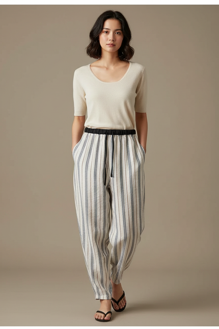 Pantalon Japonais Rayé Ample Lin Coton Décontracté - Beige