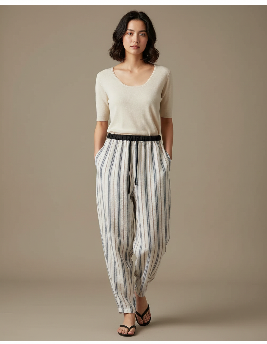 Pantalon Japonais Rayé Ample Lin Coton Décontracté - Beige