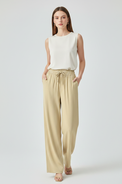 Pantalon Japonais Beige Ample Fluide Cordon Élégant - Viscose