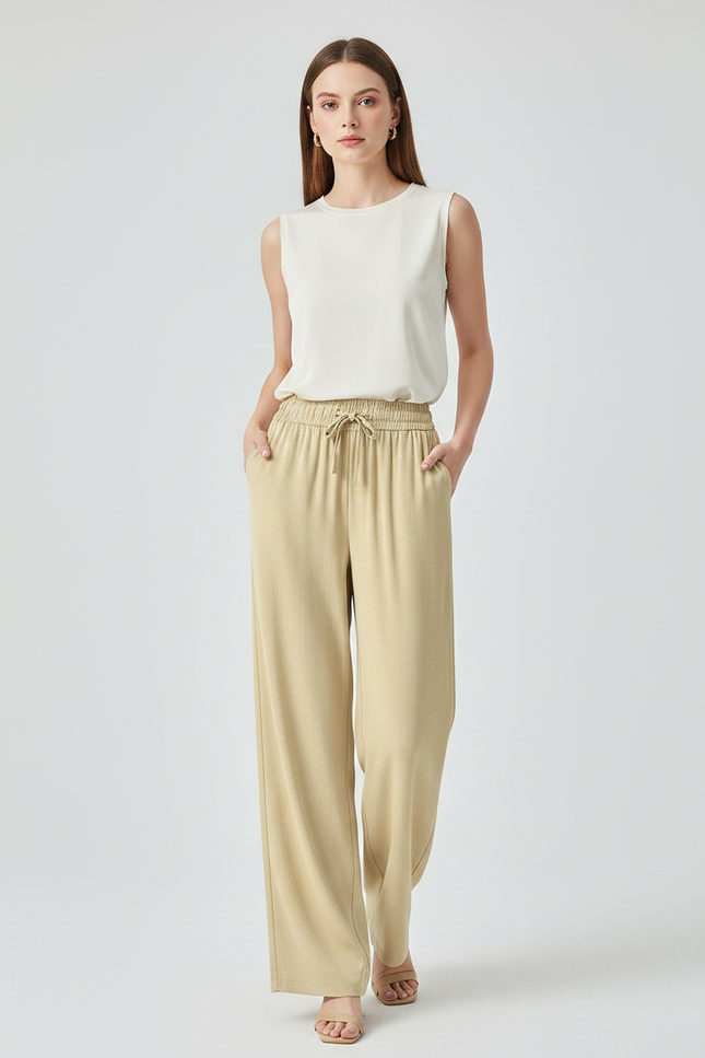 Pantalon Japonais Beige Ample Fluide Cordon Élégant - Viscose