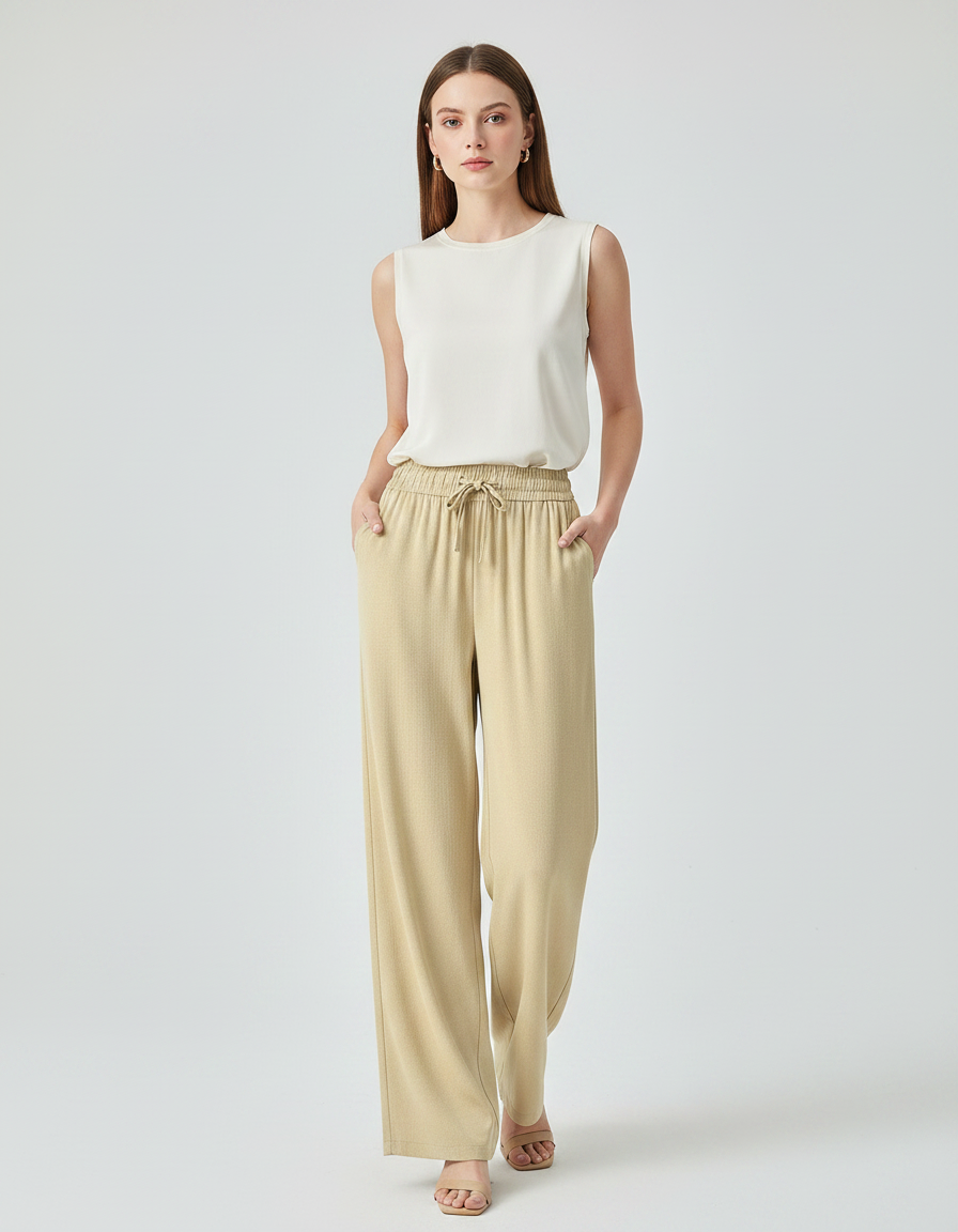 Pantalon Japonais Beige Ample Fluide Cordon Élégant - Viscose