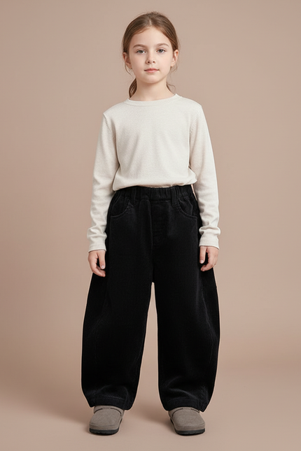 Pantalon Japonais Velours Côtelé Noir Ample Enfant - Cordé