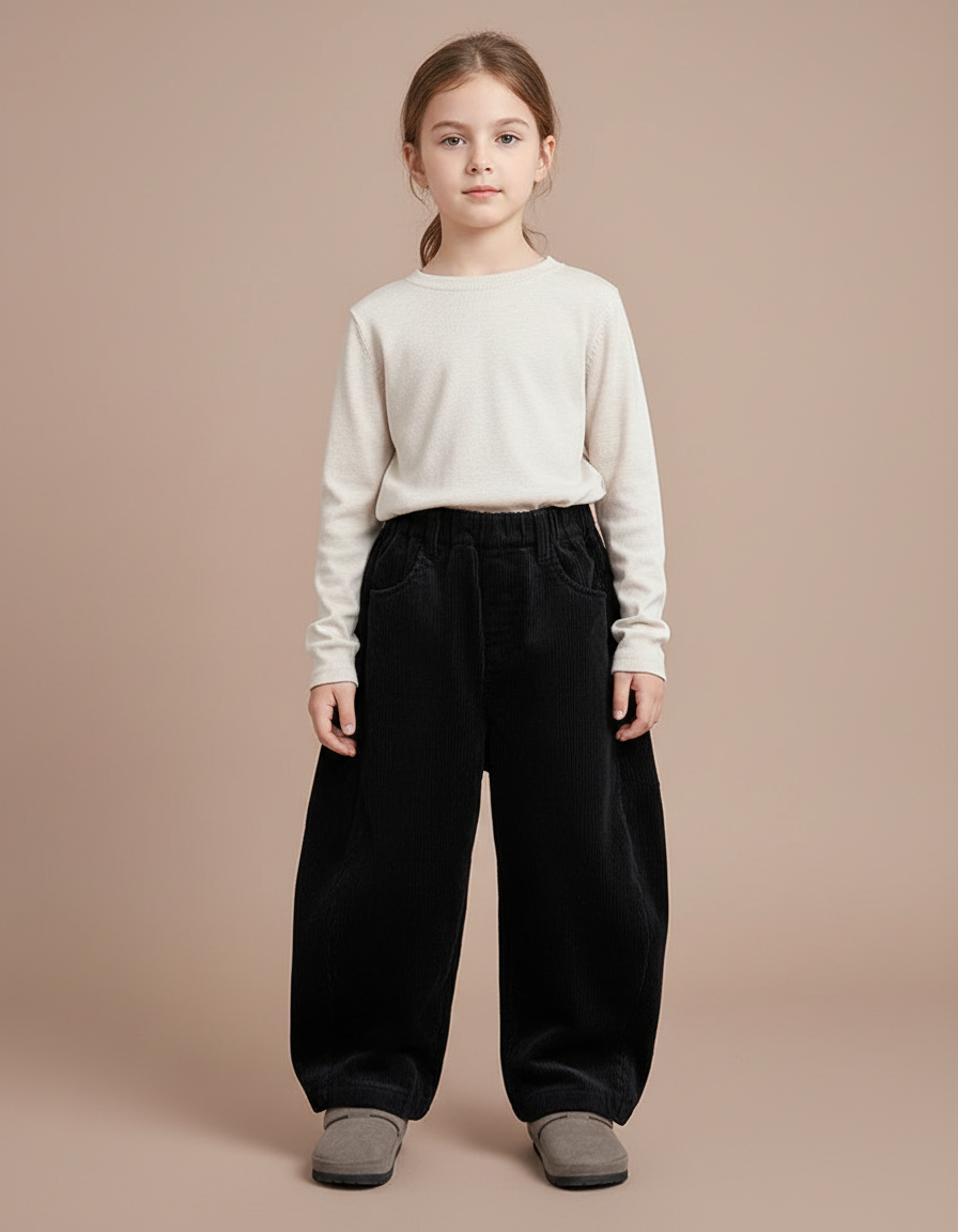 Pantalon Japonais Velours Côtelé Noir Ample Enfant - Cordé
