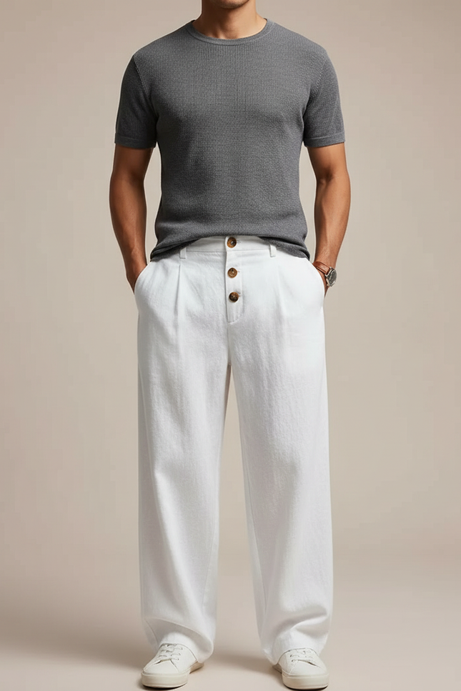 Pantalon Japonais Blanc Lin Ample Décontracté Boutons