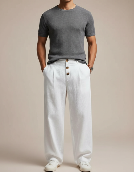 Pantalon Japonais Blanc Lin Ample Décontracté Boutons