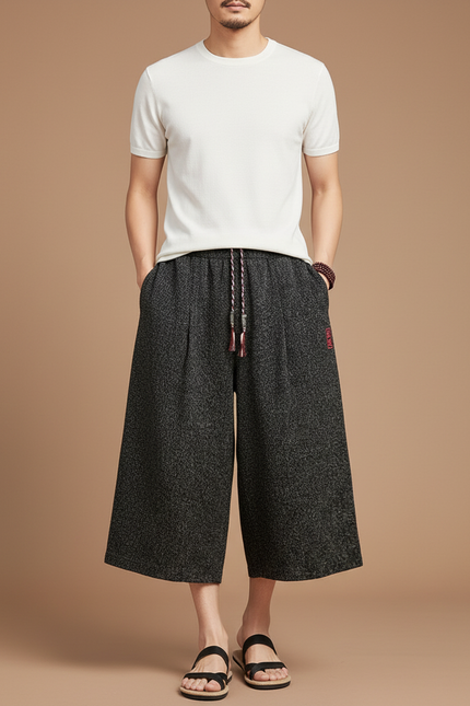 Pantalon Japonais Gris Anthracite Ample Lin Coton Décontracté - Tweed