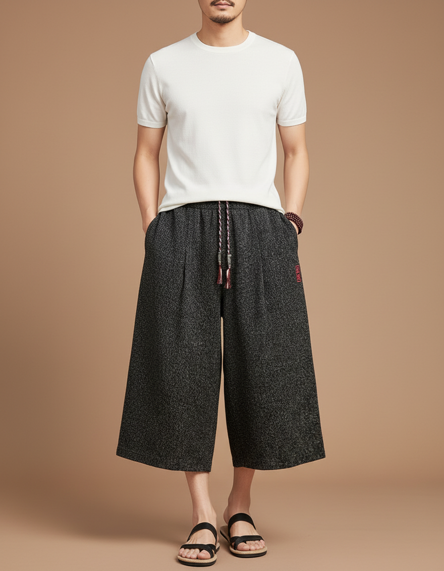 Pantalon Japonais Gris Anthracite Ample Lin Coton Décontracté - Tweed