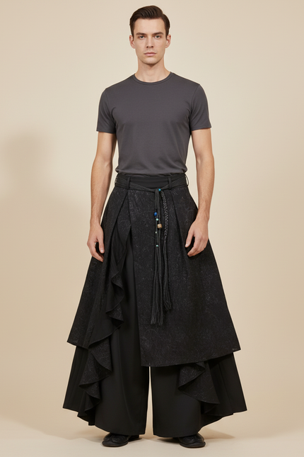 Pantalon Japonais Noir Ample Texturé Superposé Original - Polyester