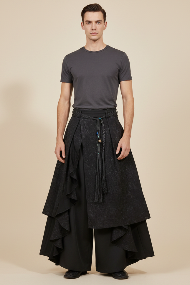 Pantalon Japonais Noir Ample Texturé Superposé Original - Polyester