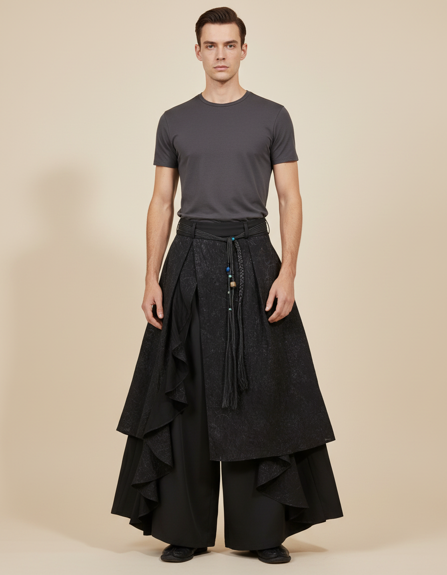 Pantalon Japonais Noir Ample Texturé Superposé Original - Polyester