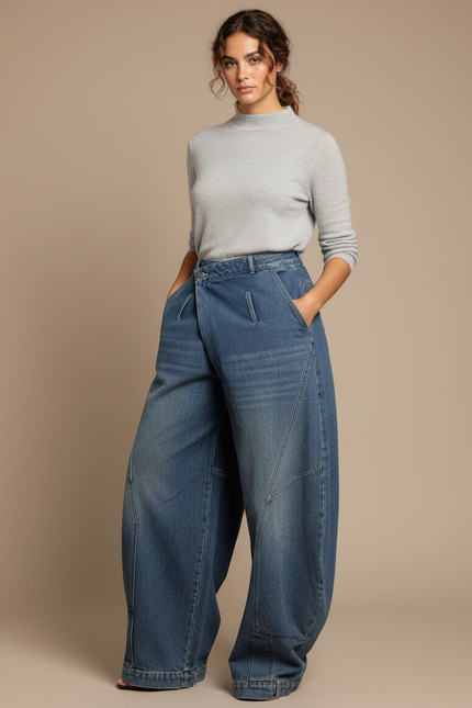 Pantalon Japonais Denim Ample Taille Haute Bleu - Jean