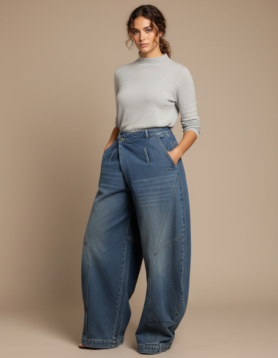 Pantalon Japonais Denim Ample Taille Haute Bleu - Jean