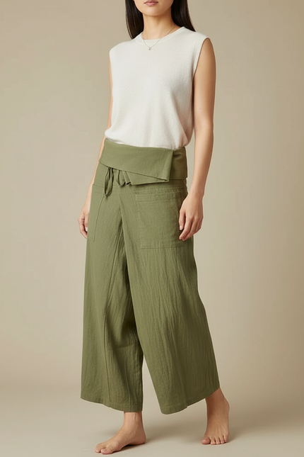Pantalon Japonais Vert Ample Lin Coton Fluide - Kaki