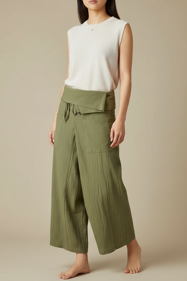 Pantalon Japonais Vert Ample Lin Coton Fluide - Kaki